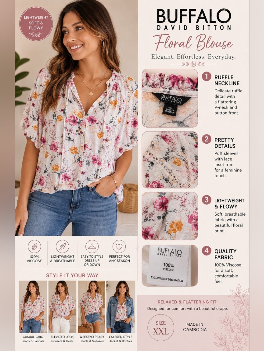 Buffalo David Bitton Floral Ruffle V-Neck Blouse - Pink, Cream & Yellow